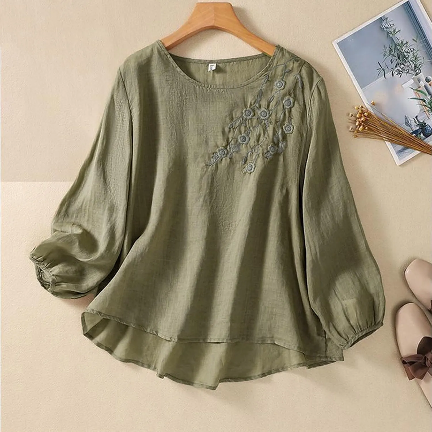 Womens Cotton Linen Shirts Summer Loose Crew Neck Casual Boho Long Sleeve Tee Top Vintage Bohemian Embroidered Blouse