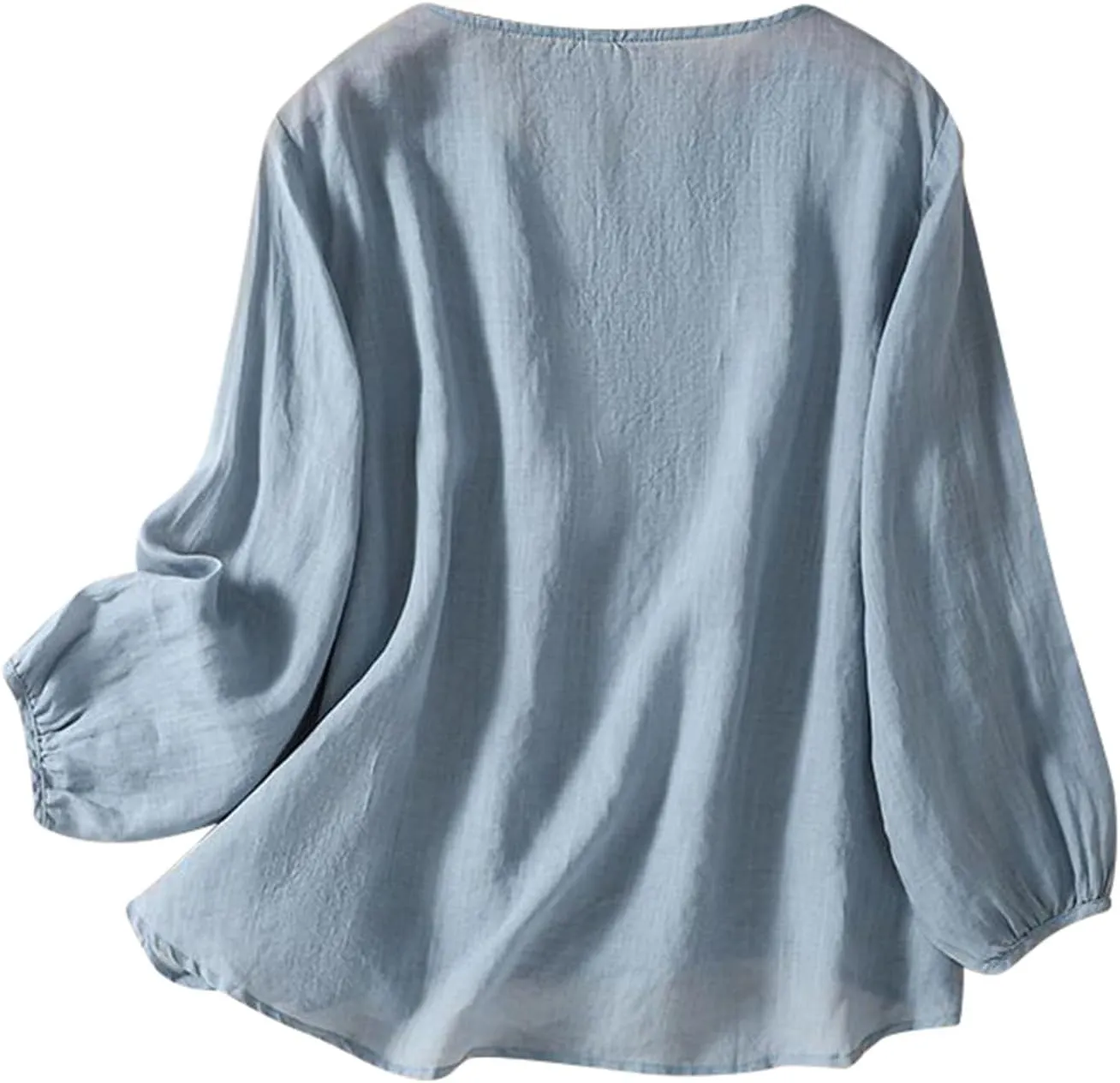 Womens Cotton Linen Shirts Summer Loose Crew Neck Casual Boho Long Sleeve Tee Top Vintage Bohemian Embroidered Blouse