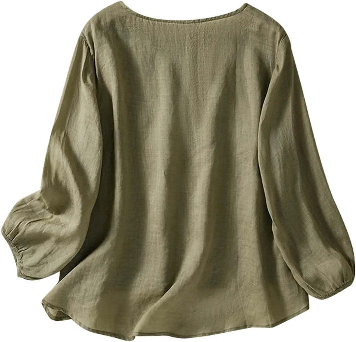 Womens Cotton Linen Shirts Summer Loose Crew Neck Casual Boho Long Sleeve Tee Top Vintage Bohemian Embroidered Blouse