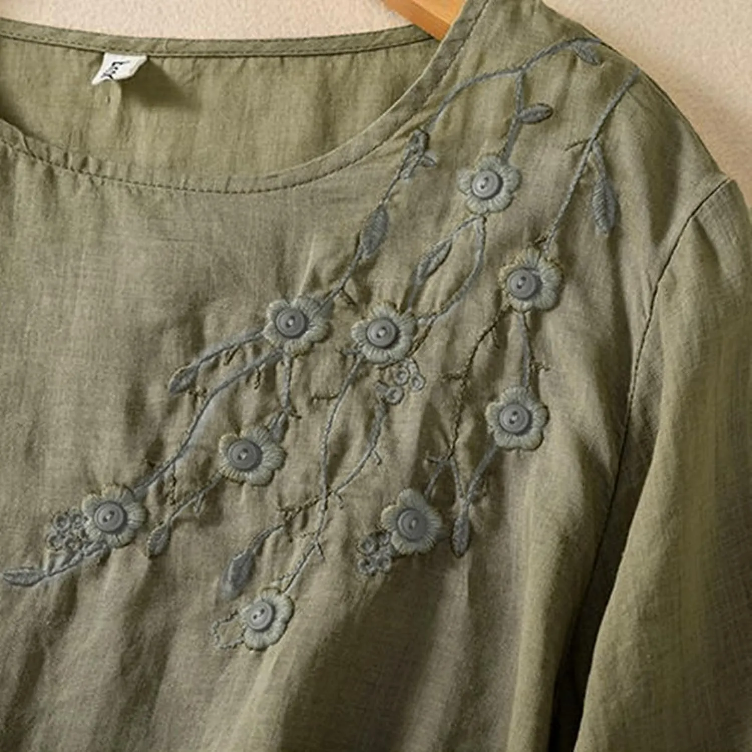 Womens Cotton Linen Shirts Summer Loose Crew Neck Casual Boho Long Sleeve Tee Top Vintage Bohemian Embroidered Blouse