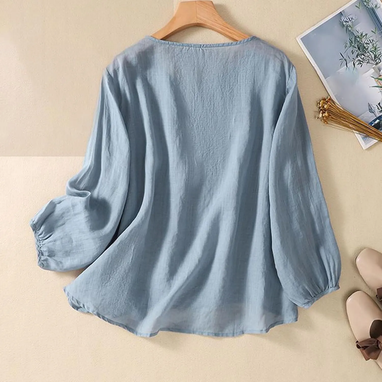 Womens Cotton Linen Shirts Summer Loose Crew Neck Casual Boho Long Sleeve Tee Top Vintage Bohemian Embroidered Blouse