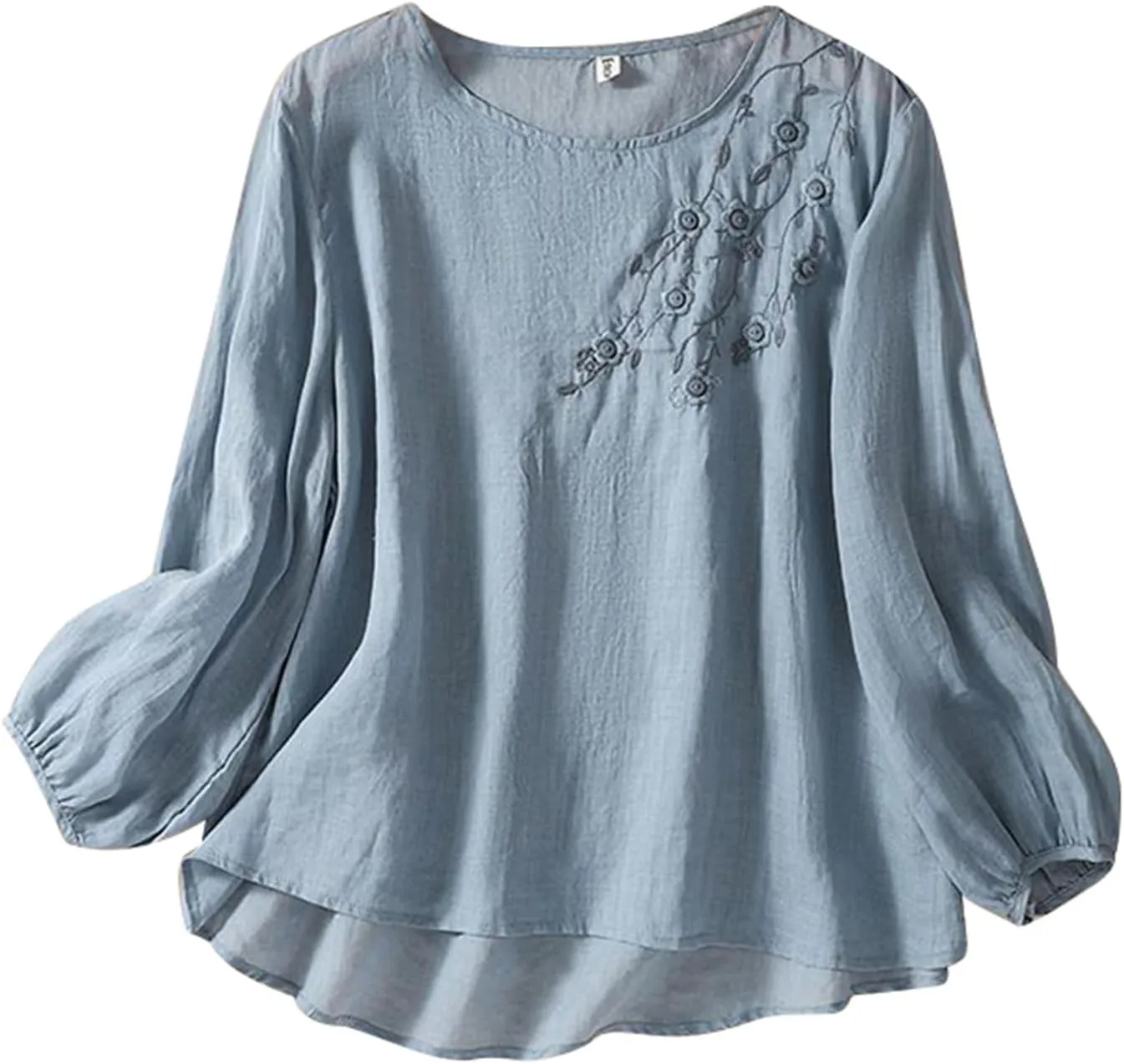 Womens Cotton Linen Shirts Summer Loose Crew Neck Casual Boho Long Sleeve Tee Top Vintage Bohemian Embroidered Blouse
