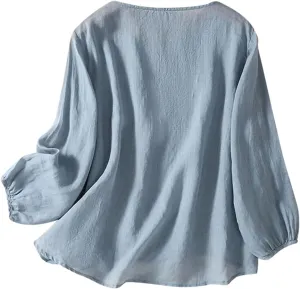 Womens Cotton Linen Shirts Summer Loose Crew Neck Casual Boho Long Sleeve Tee Top Vintage Bohemian Embroidered Blouse