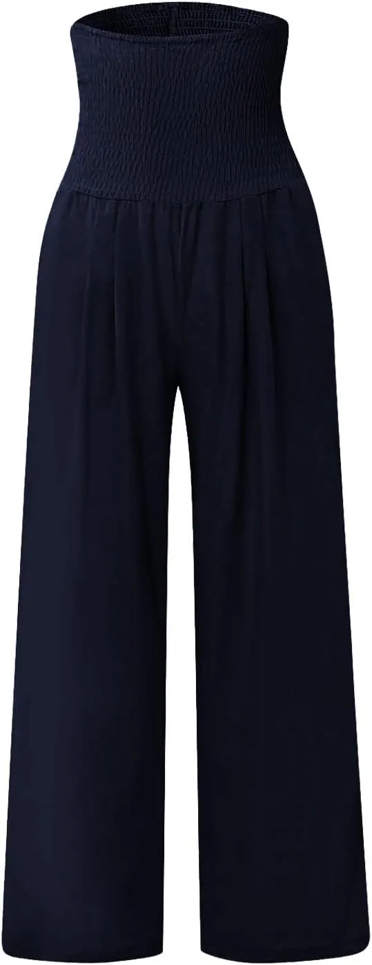Women's Cotton Linen Summer Print Palazzo Pants Elastic Waisted Straight Plus Size Pant Trousers Vacation