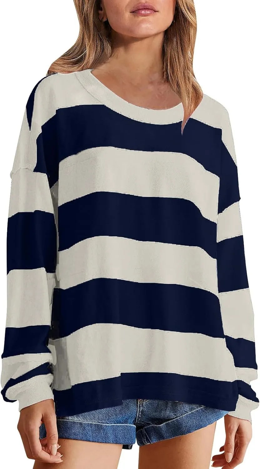 Women's Crewneck Sweatshirts Loose Fitting Casual Sweater Shirt Color Blocking Blouses Long Sleeve Tops