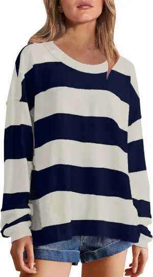Women's Crewneck Sweatshirts Loose Fitting Casual Sweater Shirt Color Blocking Blouses Long Sleeve Tops