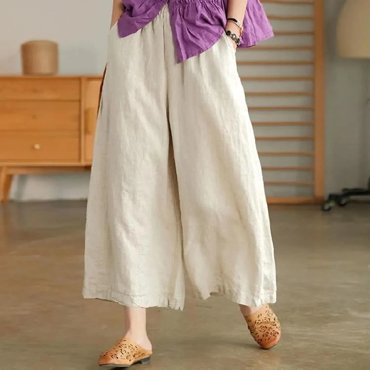 Women's Culottes Linen Wide Leg Cropped Pants Elastic Waist Loose Casual Flowy Palazzo Trousers with Pockets