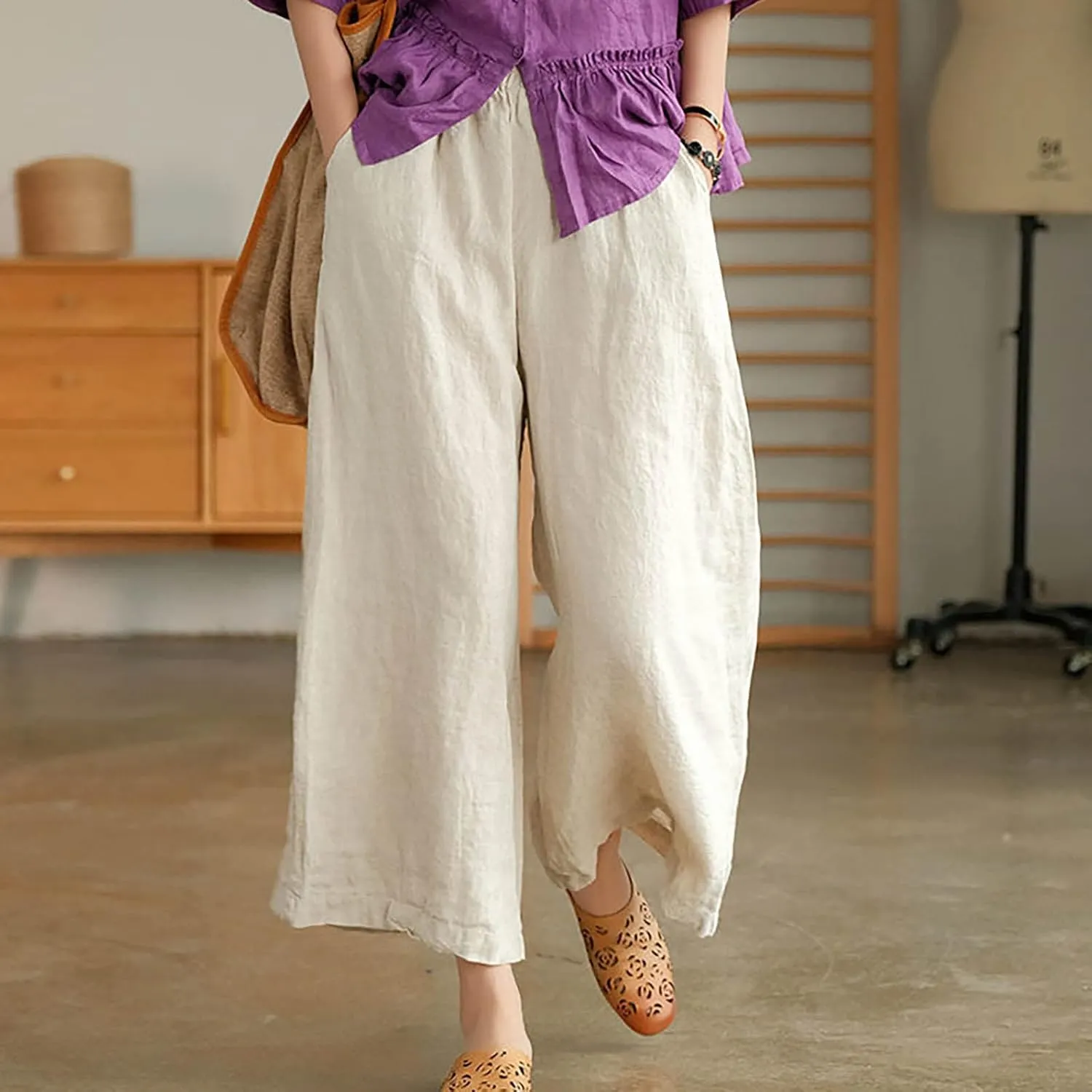 Women's Culottes Linen Wide Leg Cropped Pants Elastic Waist Loose Casual Flowy Palazzo Trousers with Pockets