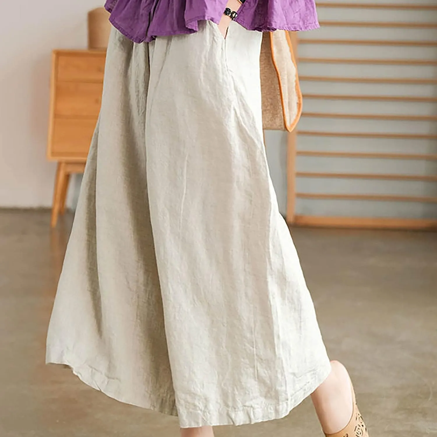 Women's Culottes Linen Wide Leg Cropped Pants Elastic Waist Loose Casual Flowy Palazzo Trousers with Pockets