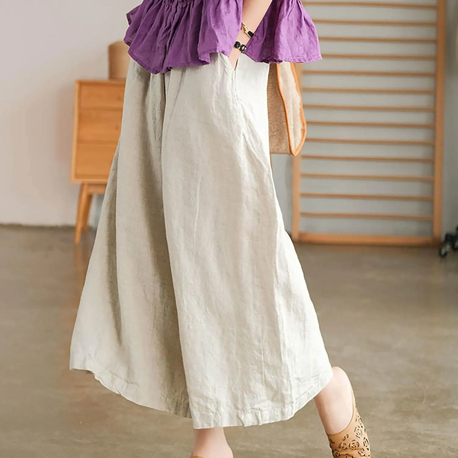 Women's Culottes Linen Wide Leg Cropped Pants Elastic Waist Loose Casual Flowy Palazzo Trousers with Pockets