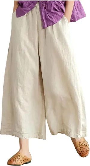 Women's Culottes Linen Wide Leg Cropped Pants Elastic Waist Loose Casual Flowy Palazzo Trousers with Pockets