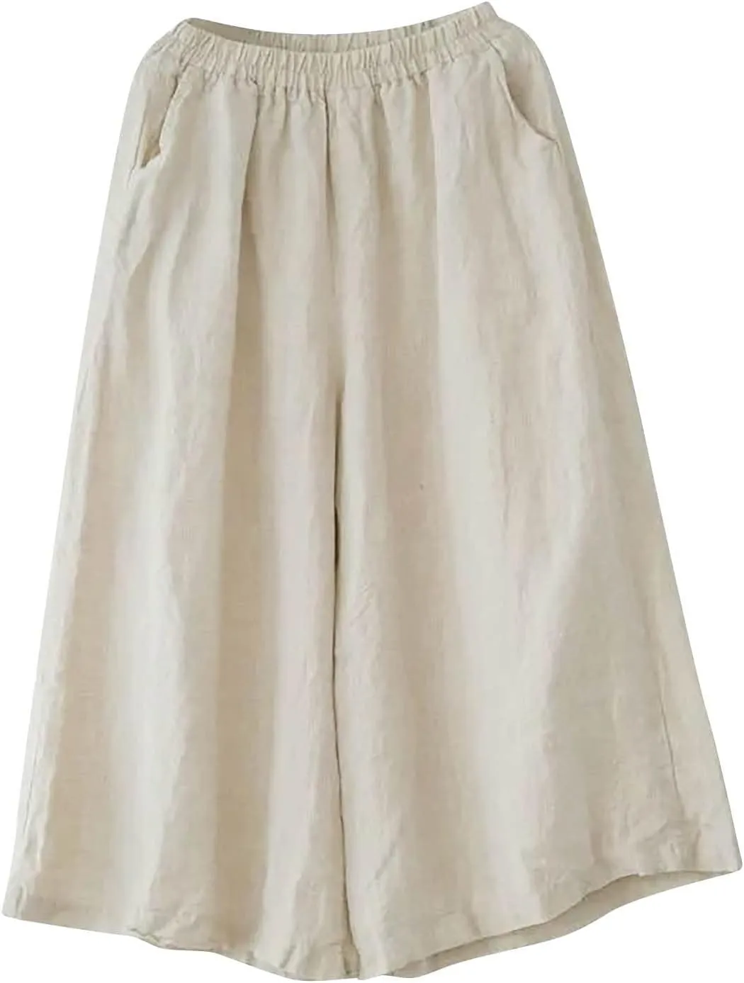 Women's Culottes Linen Wide Leg Cropped Pants Elastic Waist Loose Casual Flowy Palazzo Trousers with Pockets