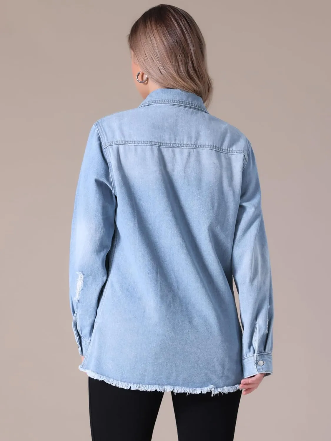 Women's Denim Jacket Frayed Hem Long Sleeve Cowgirl Outfits Lightweight Ripped Distressed Jean Jackets