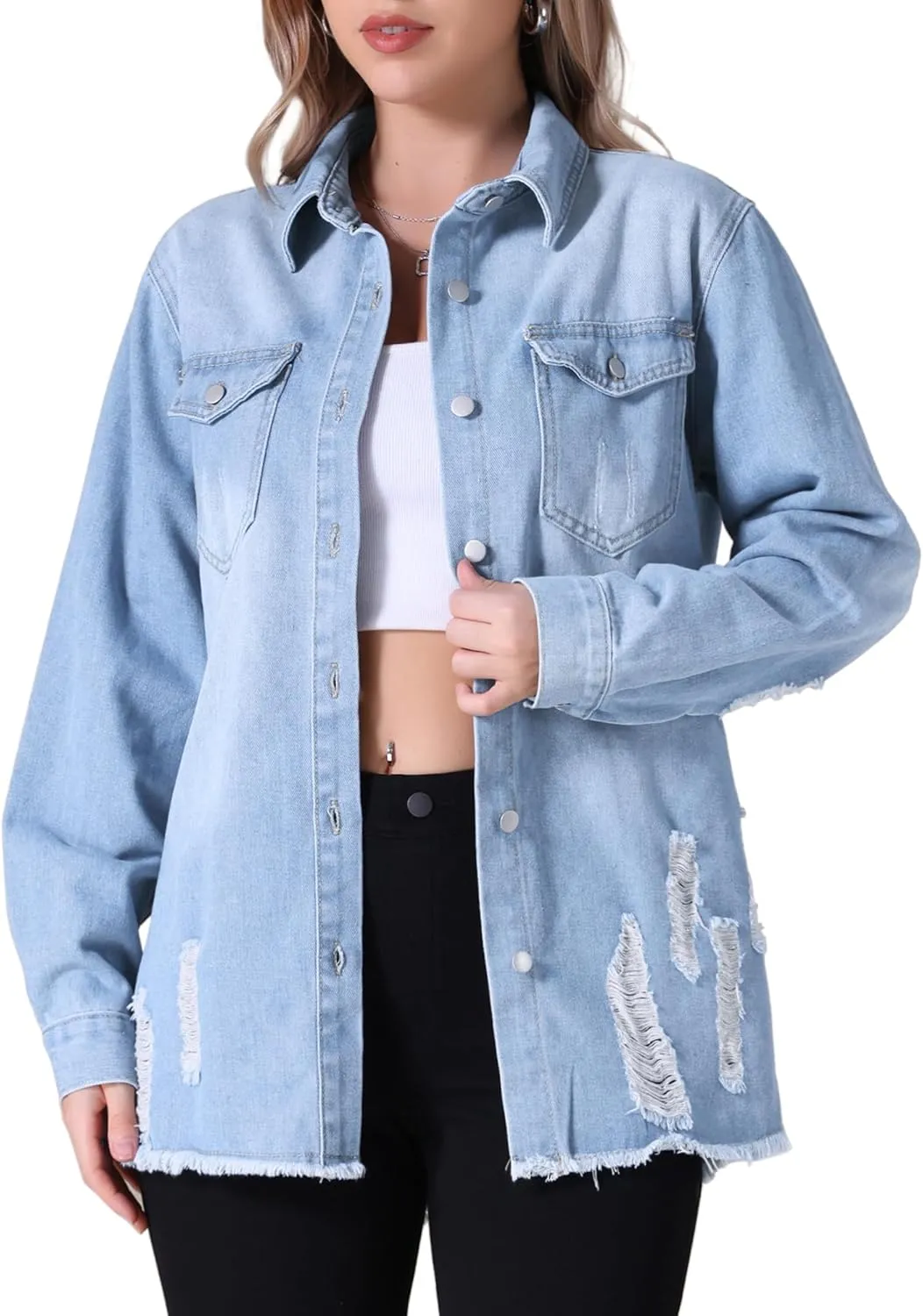 Women's Denim Jacket Frayed Hem Long Sleeve Cowgirl Outfits Lightweight Ripped Distressed Jean Jackets