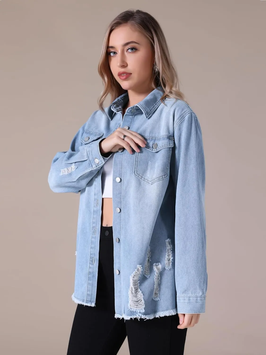 Women's Denim Jacket Frayed Hem Long Sleeve Cowgirl Outfits Lightweight Ripped Distressed Jean Jackets