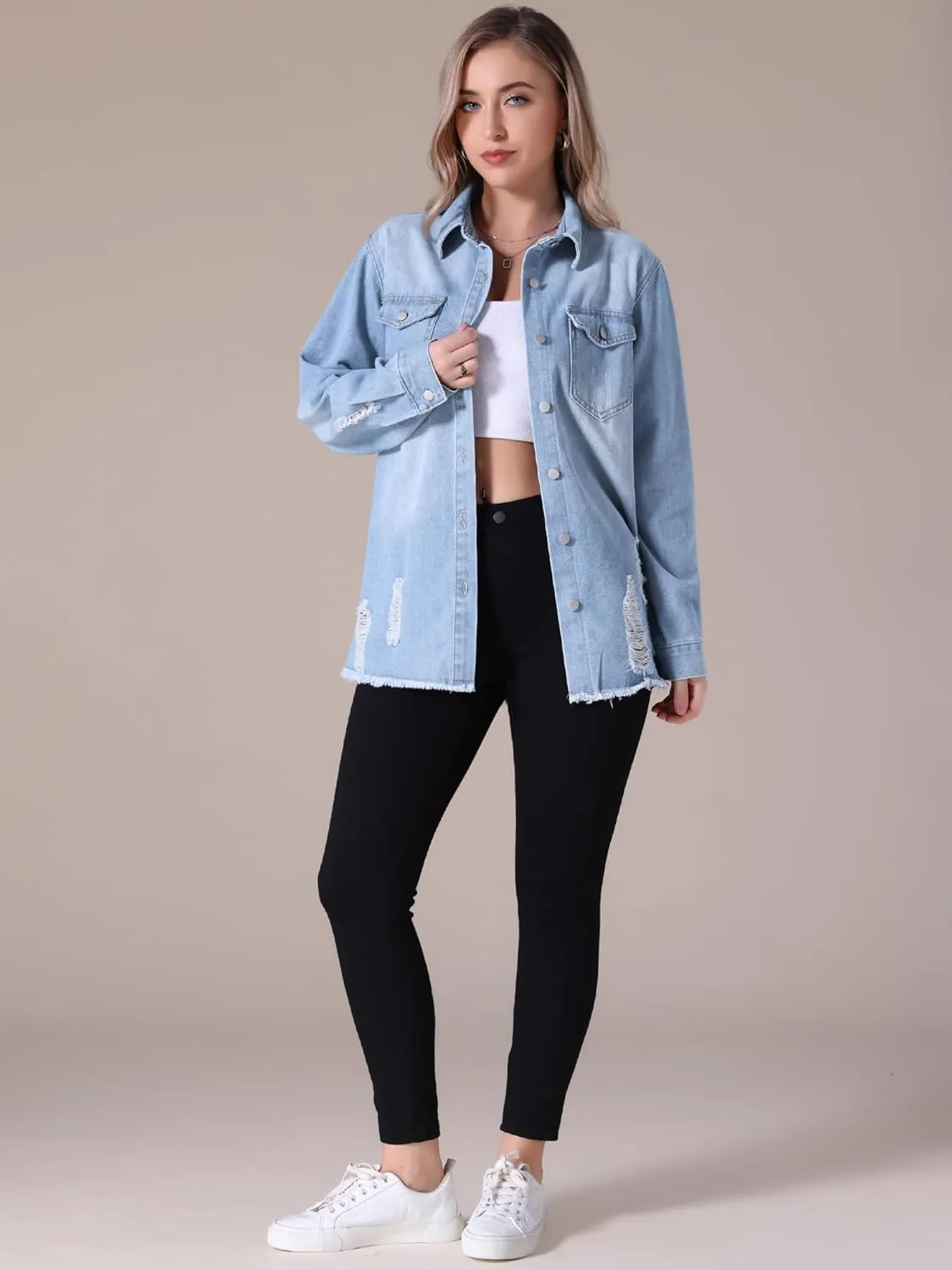 Women's Denim Jacket Frayed Hem Long Sleeve Cowgirl Outfits Lightweight Ripped Distressed Jean Jackets