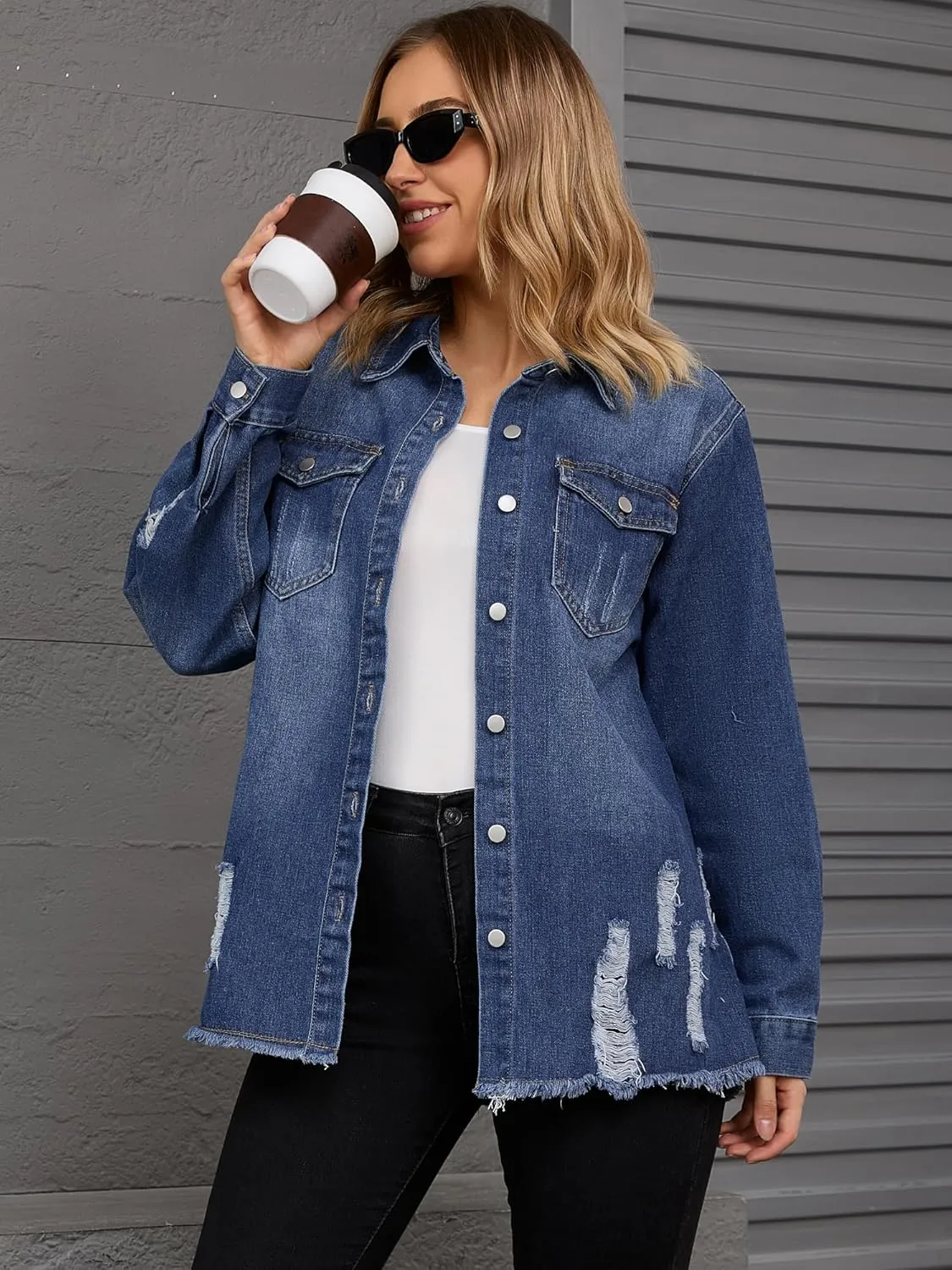 Women's Denim Jacket Frayed Hem Long Sleeve Cowgirl Outfits Lightweight Ripped Distressed Jean Jackets