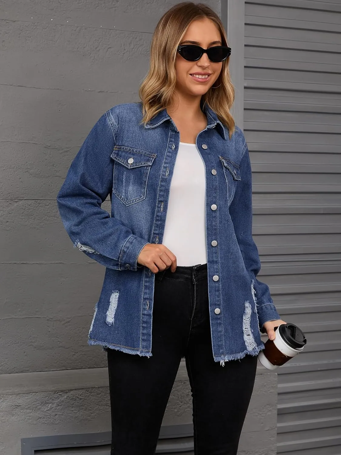 Women's Denim Jacket Frayed Hem Long Sleeve Cowgirl Outfits Lightweight Ripped Distressed Jean Jackets