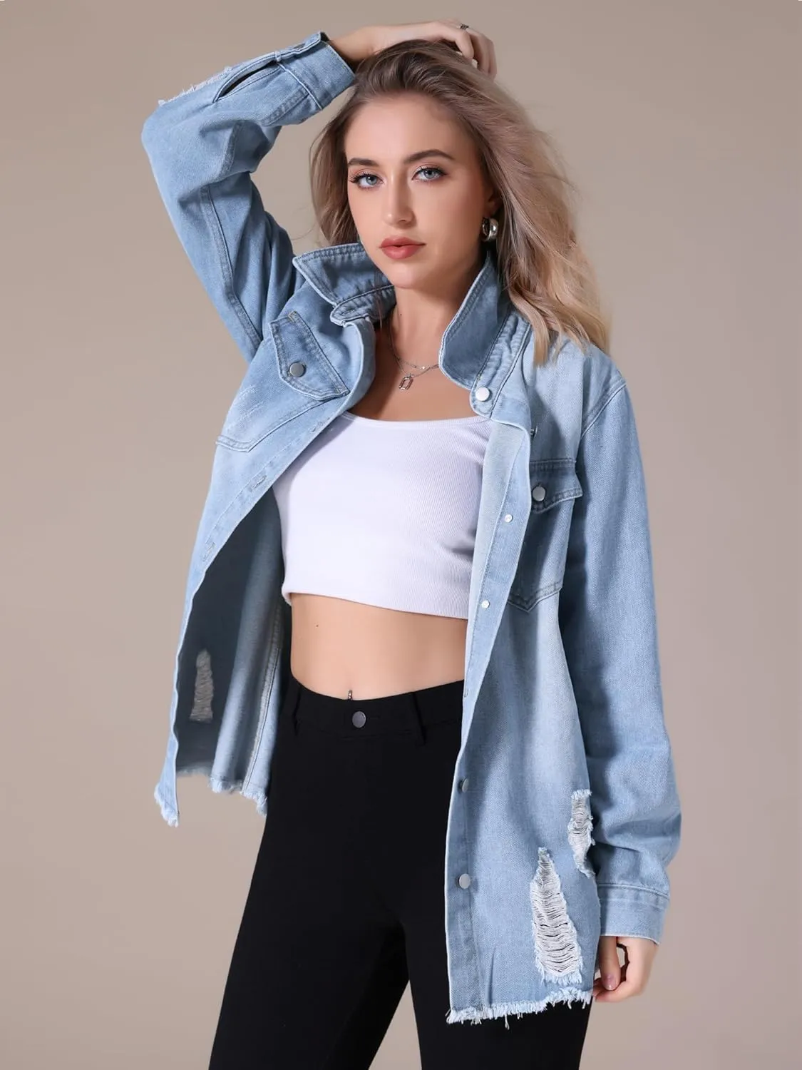 Women's Denim Jacket Frayed Hem Long Sleeve Cowgirl Outfits Lightweight Ripped Distressed Jean Jackets