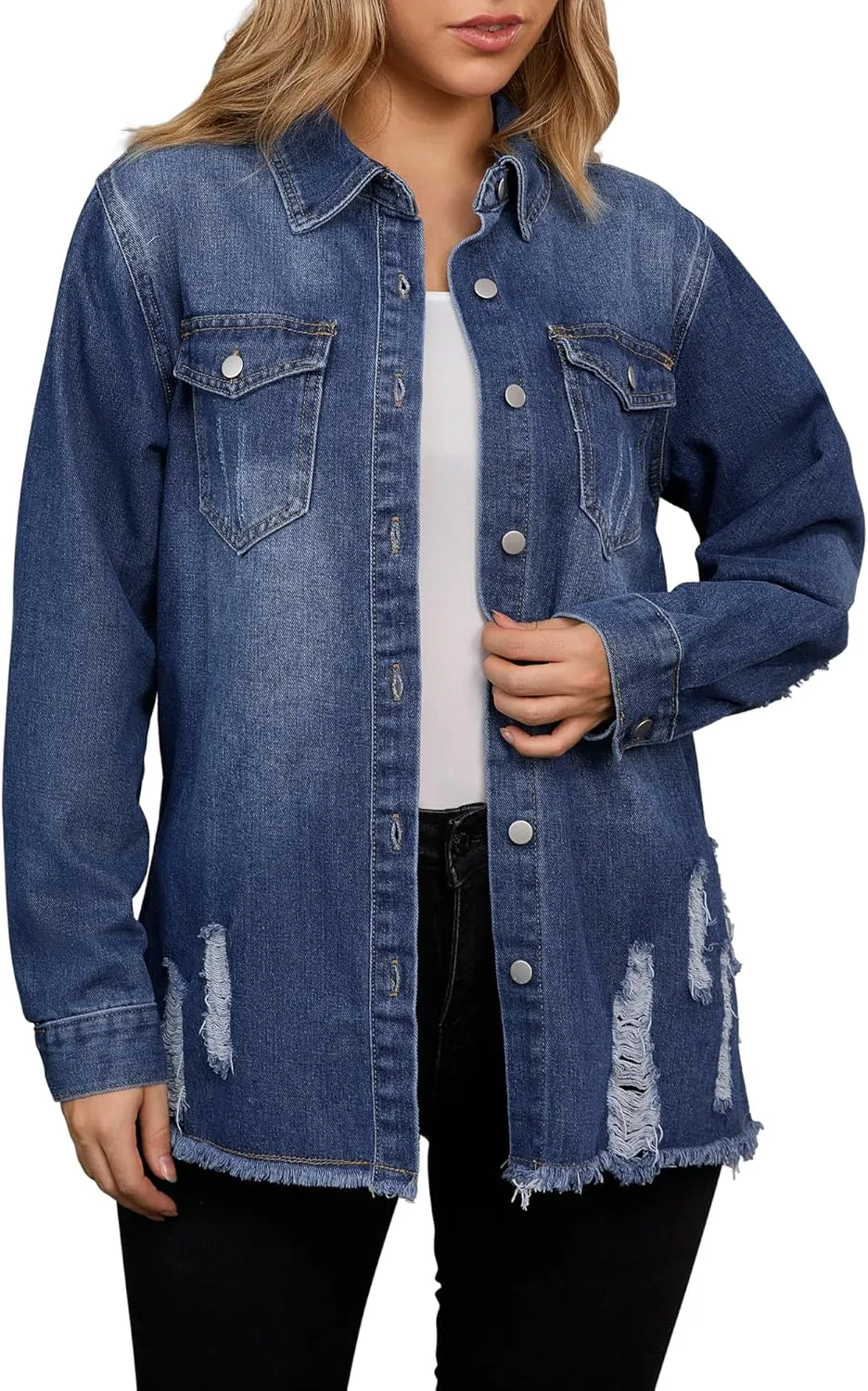 Women's Denim Jacket Frayed Hem Long Sleeve Cowgirl Outfits Lightweight Ripped Distressed Jean Jackets