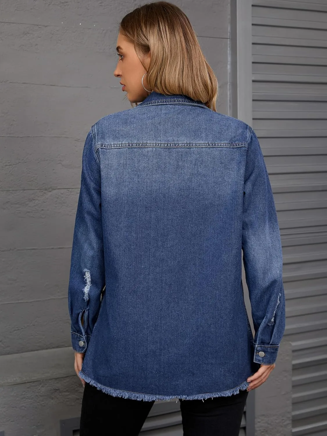 Women's Denim Jacket Frayed Hem Long Sleeve Cowgirl Outfits Lightweight Ripped Distressed Jean Jackets