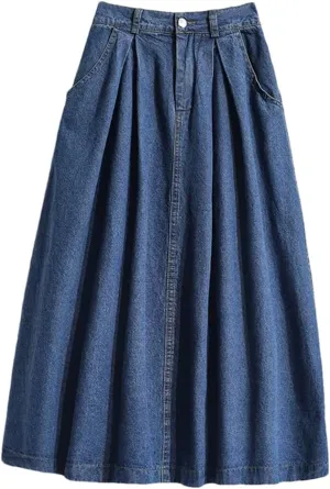 Women's Denim Midi Skirt Summer Korean Style Elegant High Waist Vintage Pleated Skirt Jeans Skirt