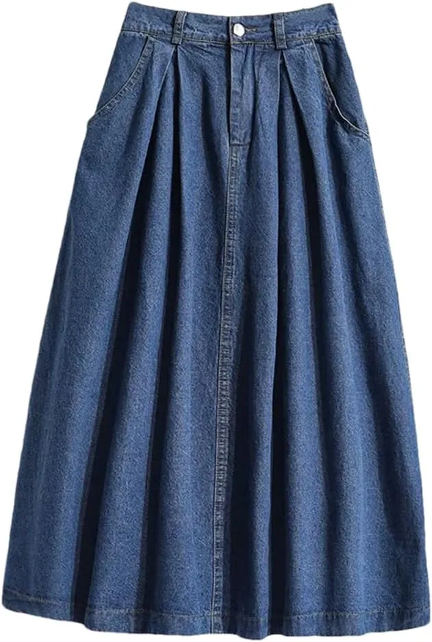 Women's Denim Midi Skirt Summer Korean Style Elegant High Waist Vintage Pleated Skirt Jeans Skirt