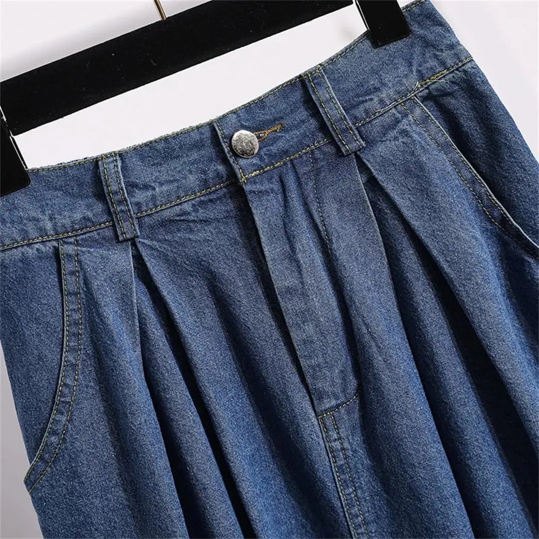 Women's Denim Midi Skirt Summer Korean Style Elegant High Waist Vintage Pleated Skirt Jeans Skirt
