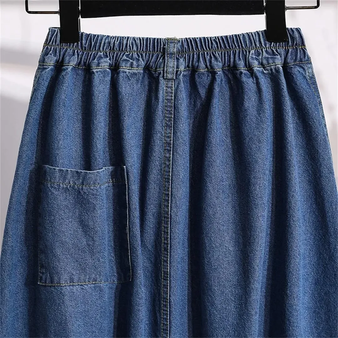 Women's Denim Midi Skirt Summer Korean Style Elegant High Waist Vintage Pleated Skirt Jeans Skirt