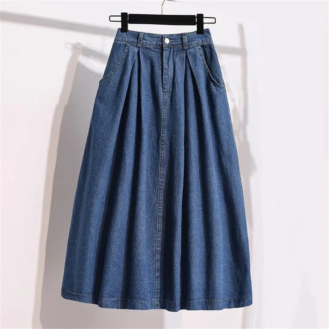 Women's Denim Midi Skirt Summer Korean Style Elegant High Waist Vintage Pleated Skirt Jeans Skirt
