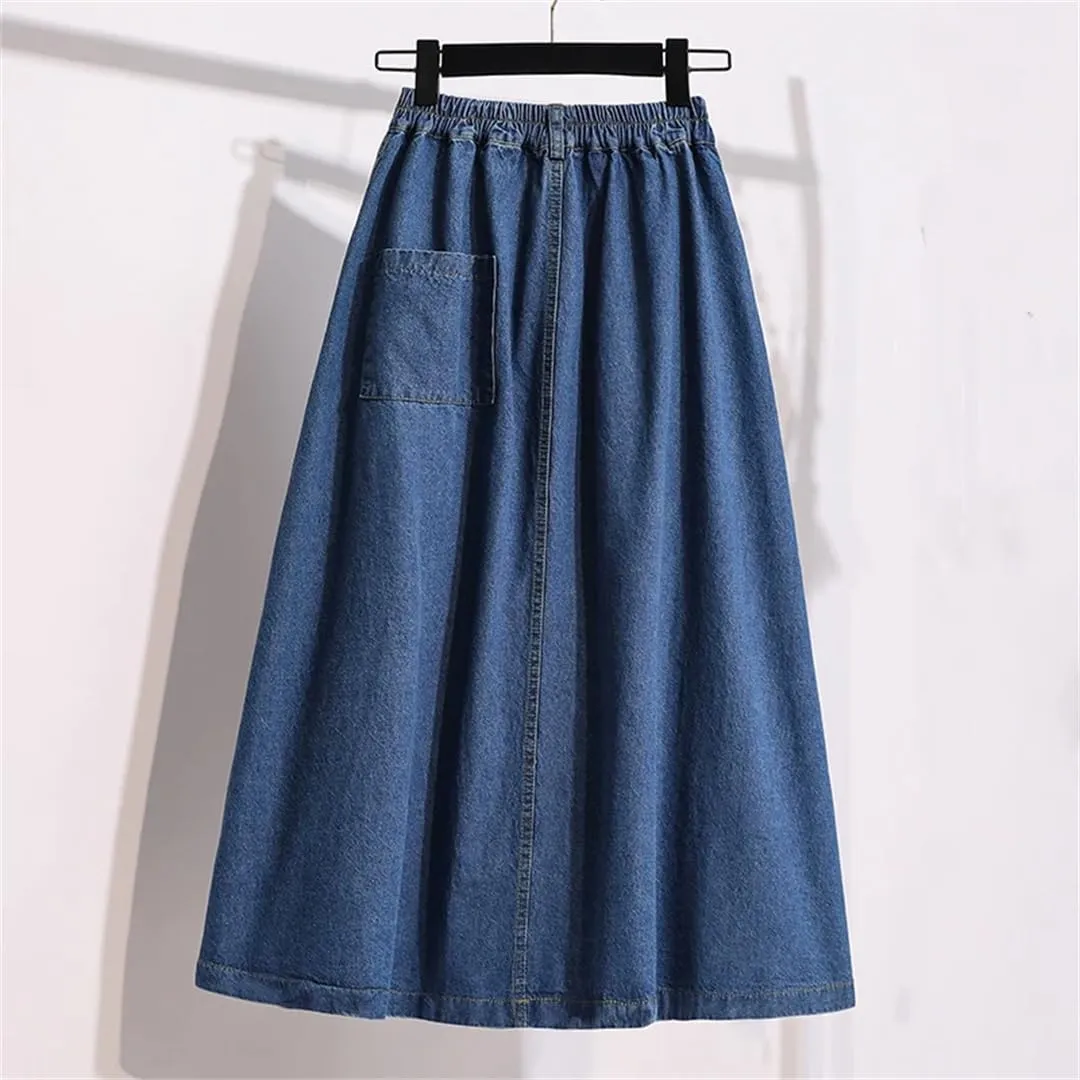 Women's Denim Midi Skirt Summer Korean Style Elegant High Waist Vintage Pleated Skirt Jeans Skirt