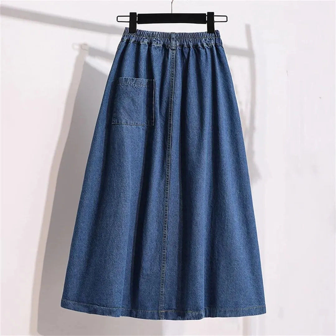 Women's Denim Midi Skirt Summer Korean Style High Waist Casual Vintage Pleated Jeans Skirt