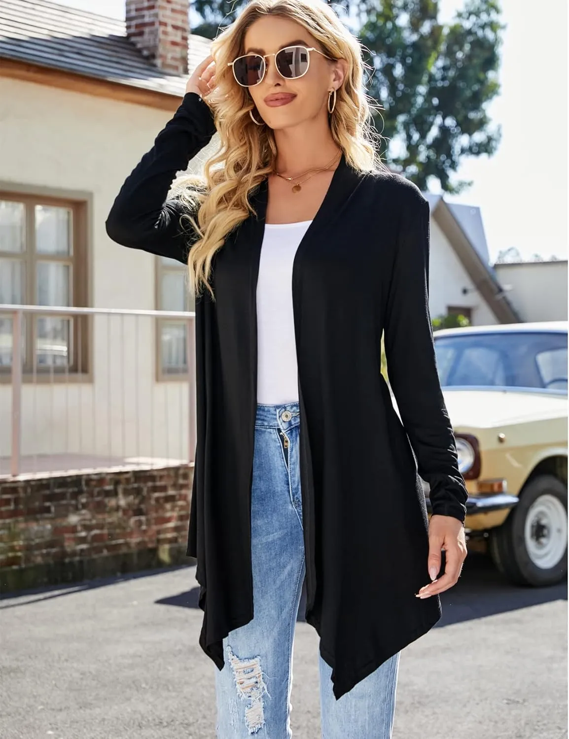Women's Draped Front Open Cardigan Casual Long Sleeve Lightweight Cardigan Sweaters Duster