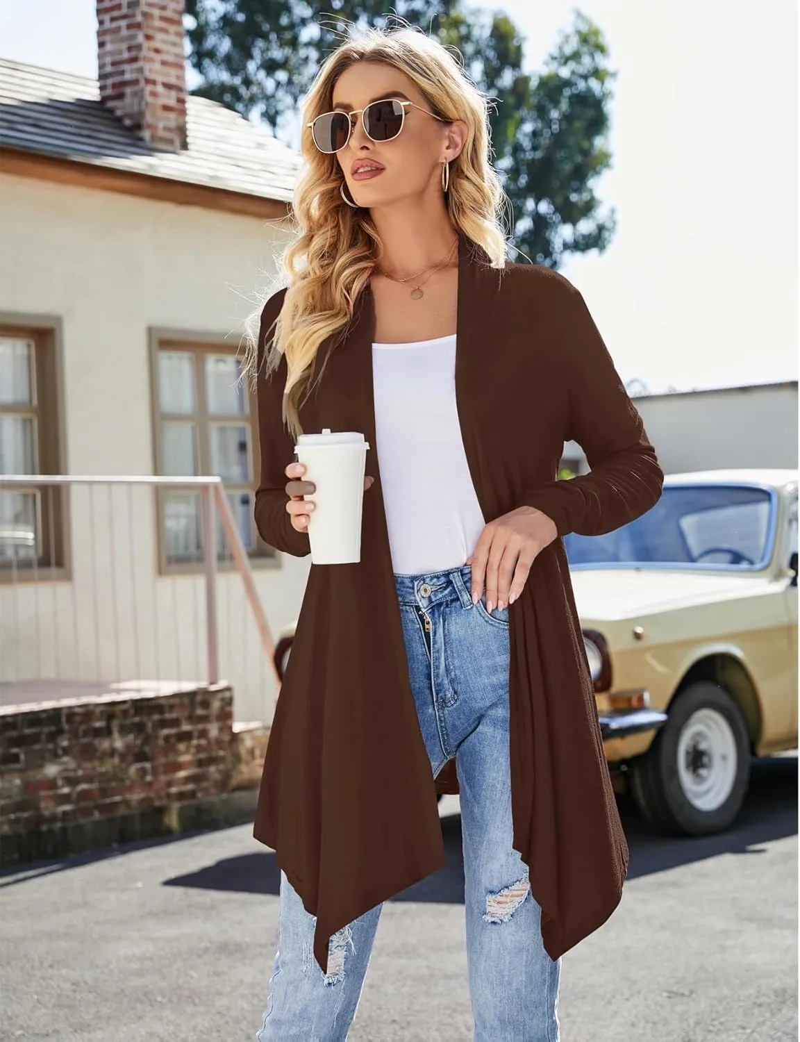 Women's Draped Front Open Cardigan Casual Long Sleeve Lightweight Cardigan Sweaters Duster