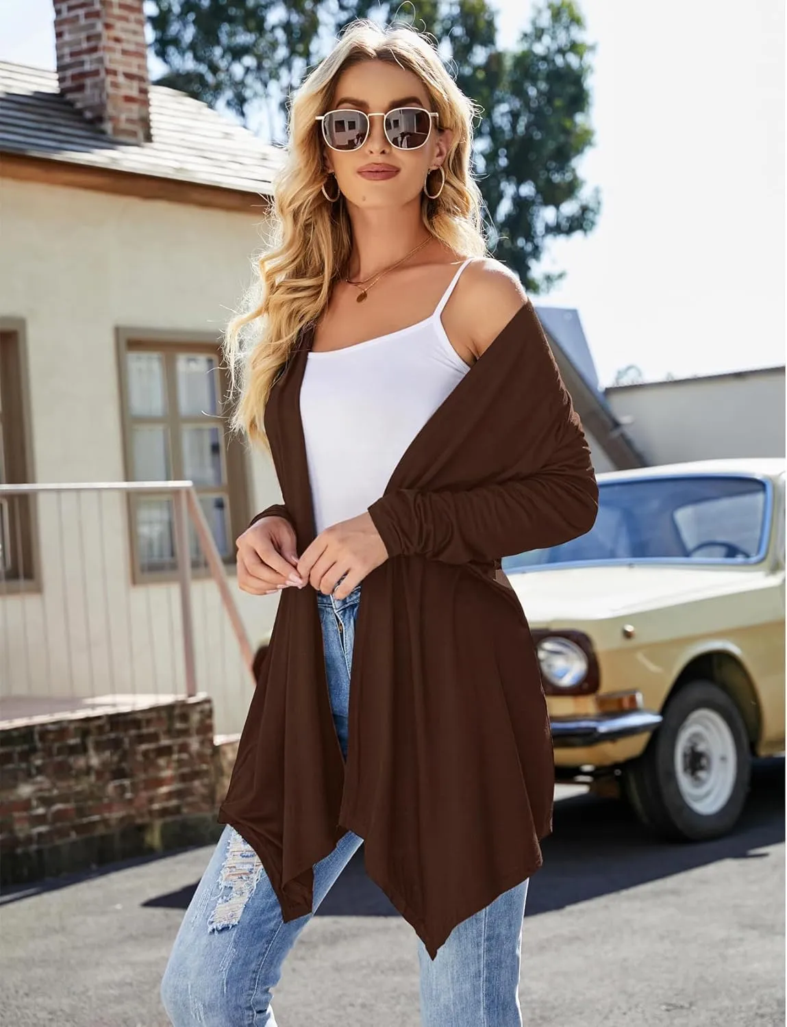 Women's Draped Front Open Cardigan Casual Long Sleeve Lightweight Cardigan Sweaters Duster