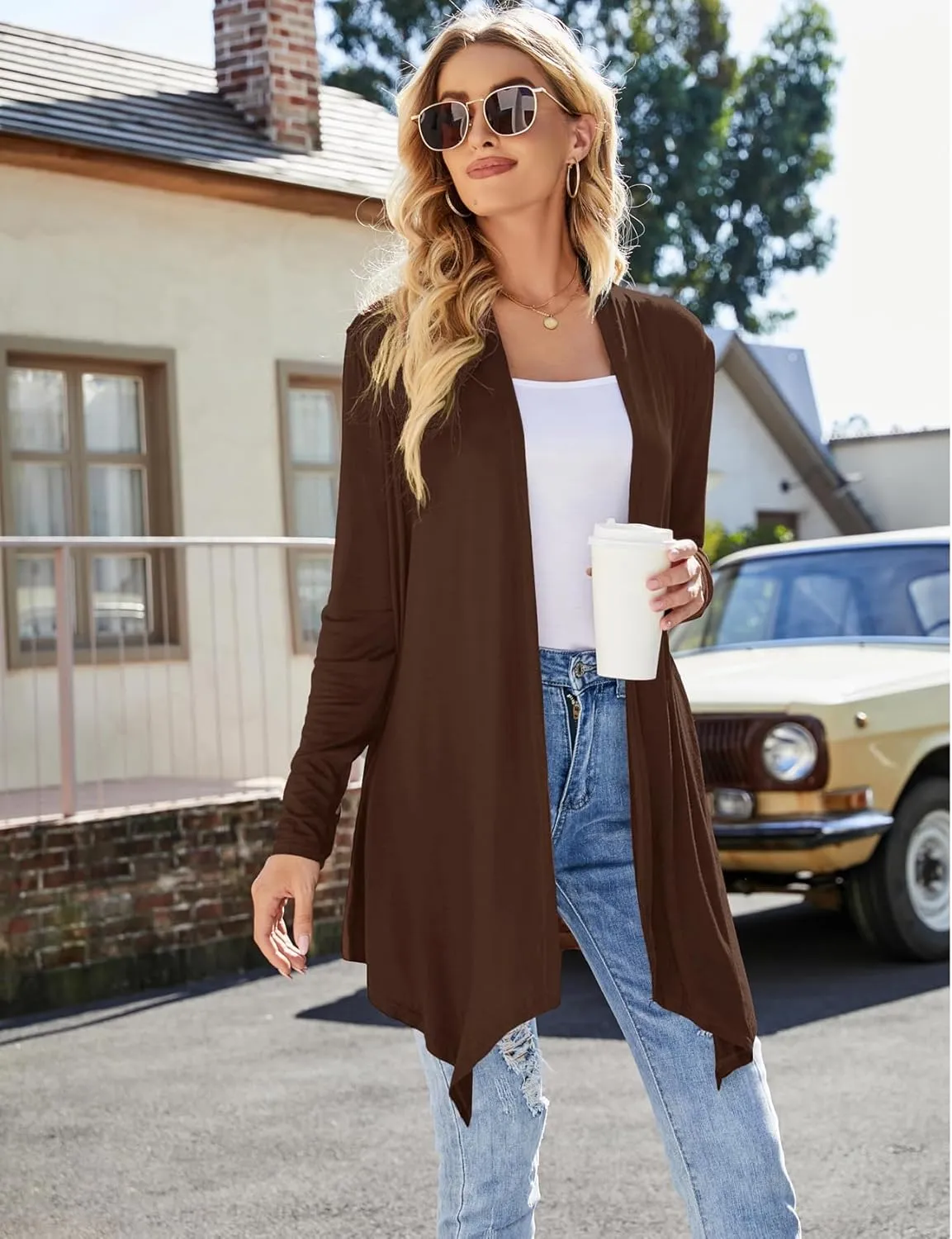Women's Draped Front Open Cardigan Casual Long Sleeve Lightweight Cardigan Sweaters Duster