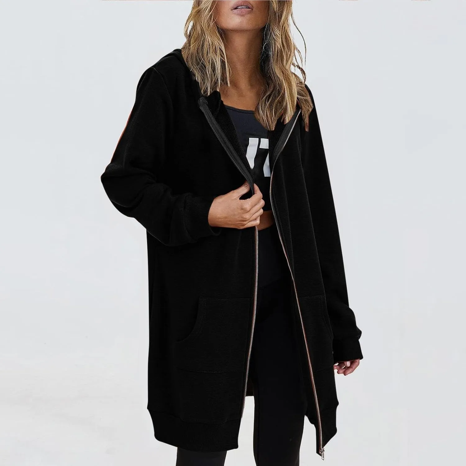 Womens Fall Winter Hoodies Mid Length Zip Up Hooded Long Sleeve Solid Warm Coats Fleece Thick Jackets with Pockets