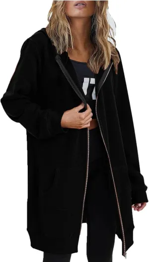 Womens Fall Winter Hoodies Mid Length Zip Up Hooded Long Sleeve Solid Warm Coats Fleece Thick Jackets with Pockets