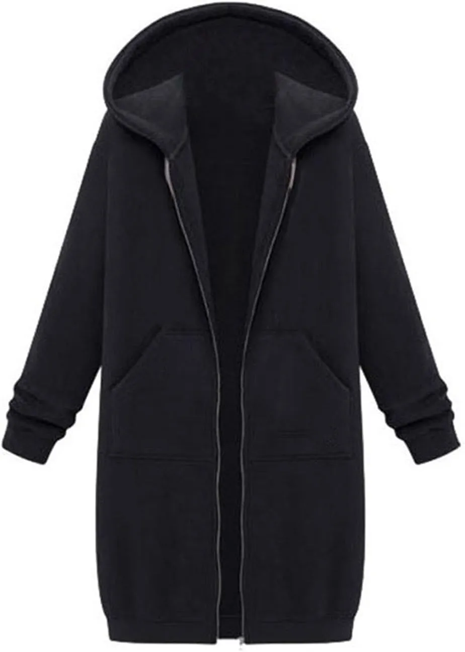 Womens Fall Winter Hoodies Mid Length Zip Up Hooded Long Sleeve Solid Warm Coats Fleece Thick Jackets with Pockets