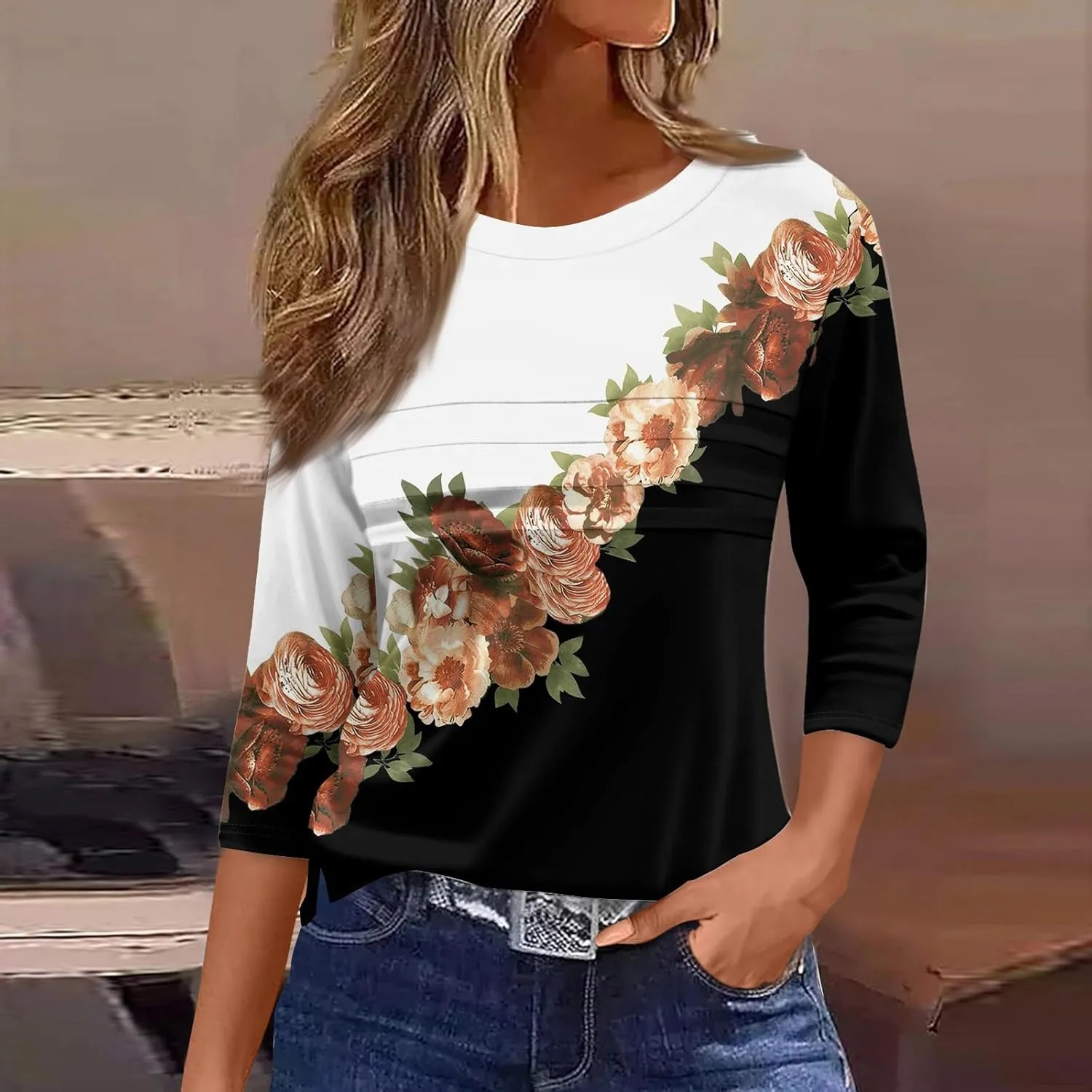 Women's Fashion Casual Loose 3/4 Sleeve Striped Printed Round Neck Top