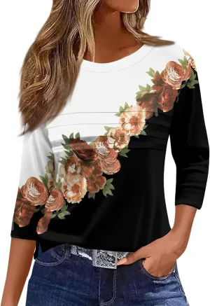 Women's Fashion Casual Loose 3/4 Sleeve Striped Printed Round Neck Top