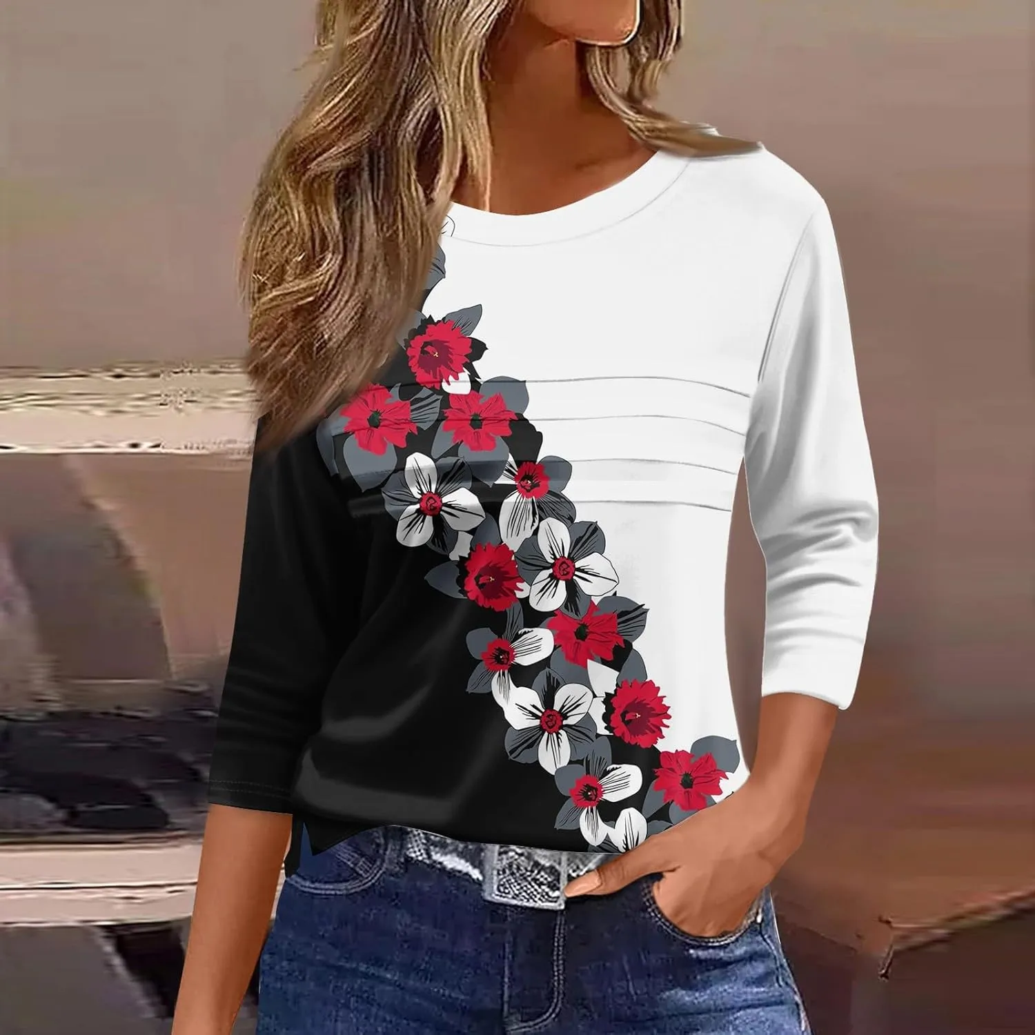 Women's Fashion Casual Loose 3/4 Sleeve Striped Printed Round Neck Top