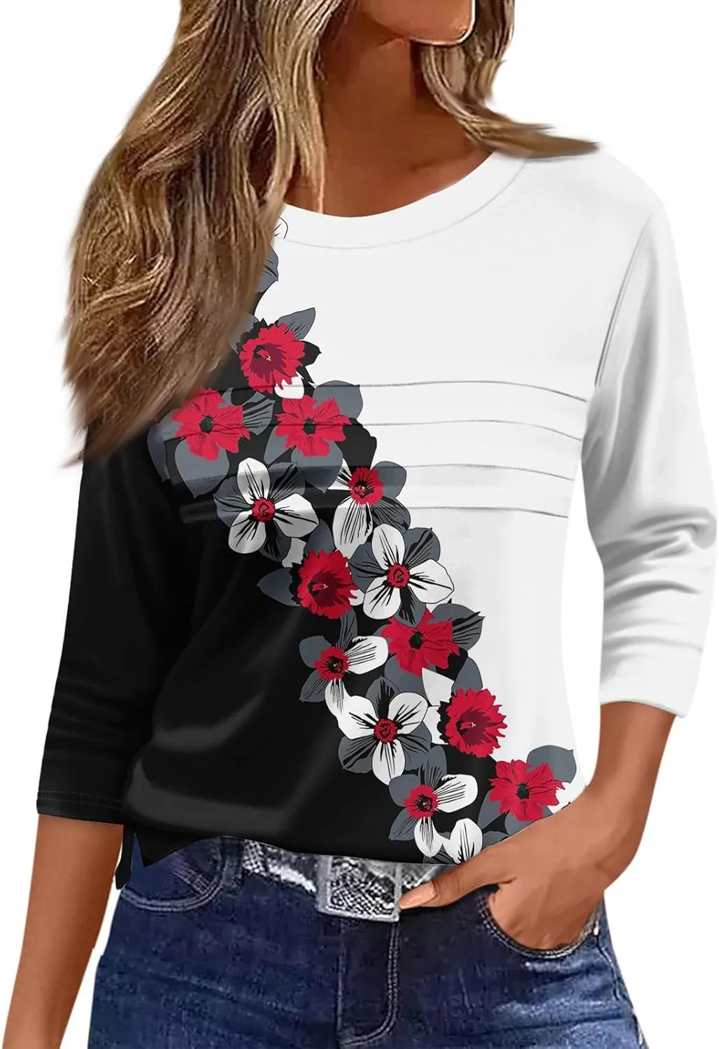 Women's Fashion Casual Loose 3/4 Sleeve Striped Printed Round Neck Top