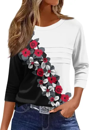 Women's Fashion Casual Loose 3/4 Sleeve Striped Printed Round Neck Top