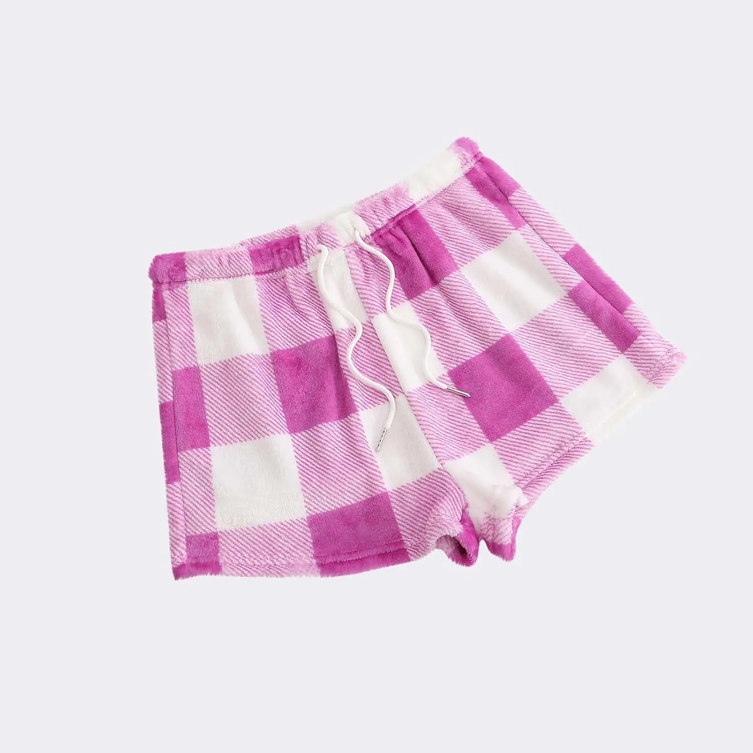 Women's Flannel Shorts Fashion Plaid Printed Lace up Waist Plush Sleepwear Bottoms Loose Casual Pajamas Short Pant