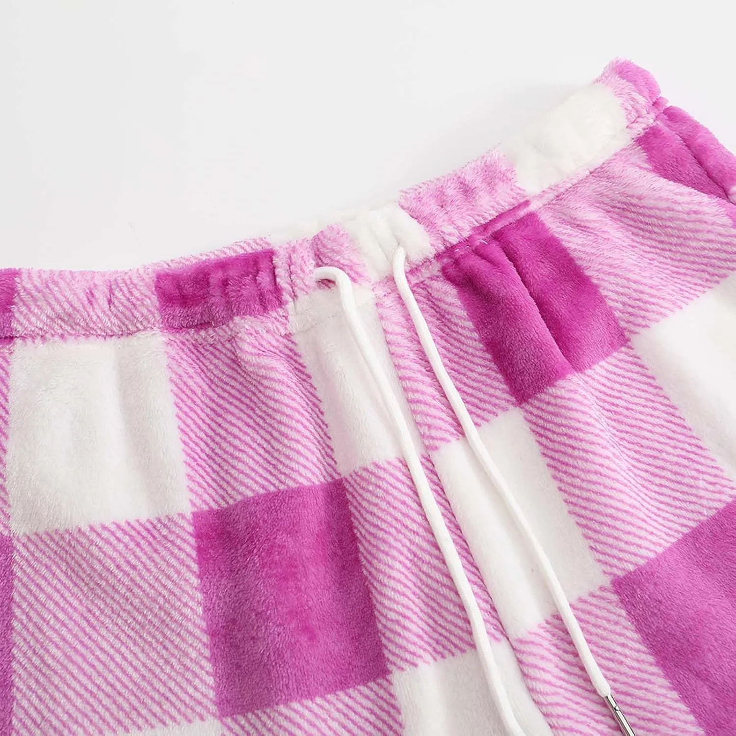 Women's Flannel Shorts Fashion Plaid Printed Lace up Waist Plush Sleepwear Bottoms Loose Casual Pajamas Short Pant