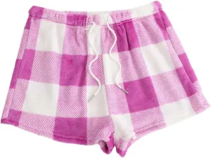 Women's Flannel Shorts Fashion Plaid Printed Lace up Waist Plush Sleepwear Bottoms Loose Casual Pajamas Short Pant