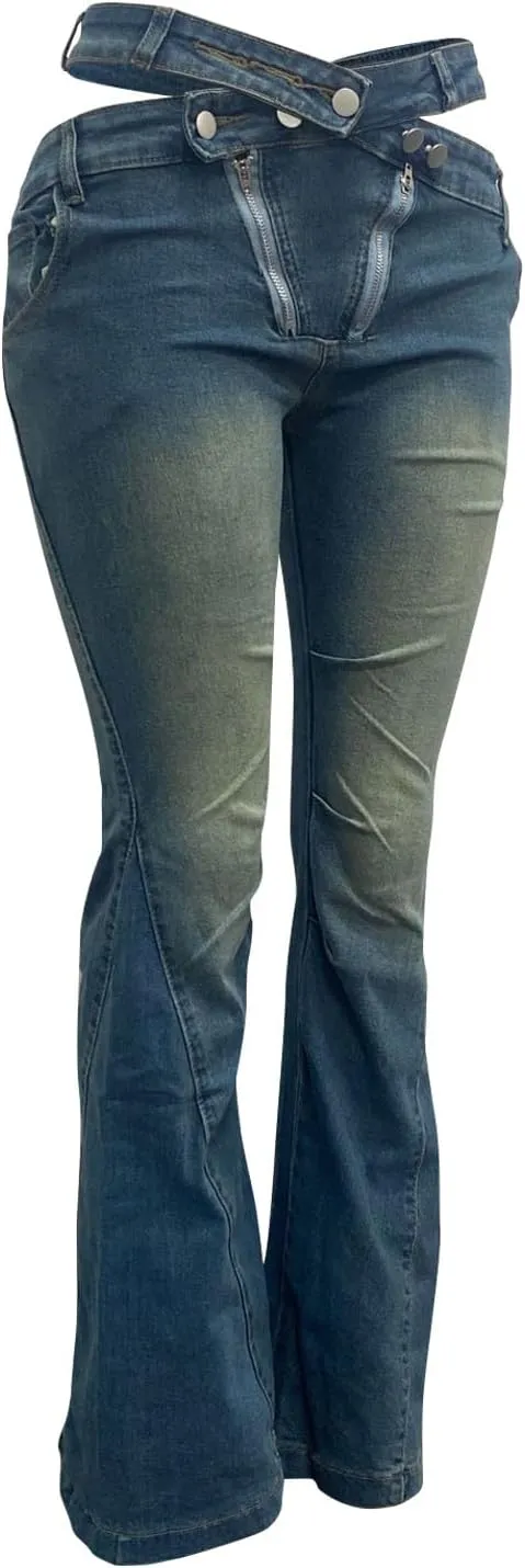 Womens Flare Jean Pants High Waisted Denim Long Pants Smart Slacks Wide Leg Baggy Jeans Ladies Skinny Fit Trousers