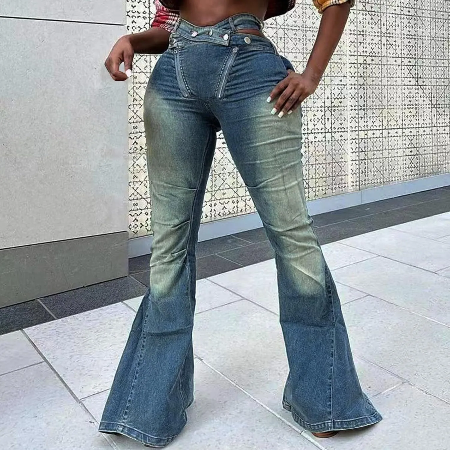 Womens Flare Jean Pants High Waisted Denim Long Pants Smart Slacks Wide Leg Baggy Jeans Ladies Skinny Fit Trousers