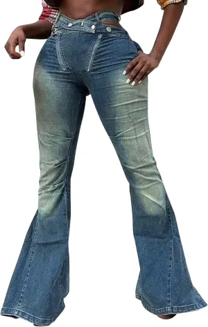 Womens Flare Jean Pants High Waisted Denim Long Pants Smart Slacks Wide Leg Baggy Jeans Ladies Skinny Fit Trousers